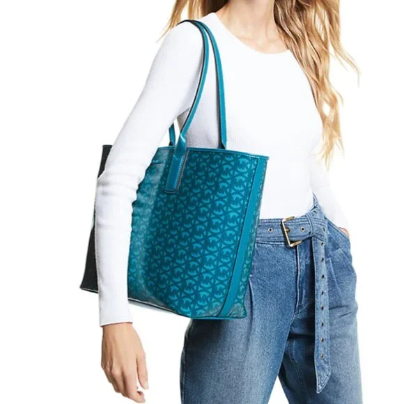 MICHAEL KORS teal Jodie large logo jacquard tote one size - Picture 2 of 15